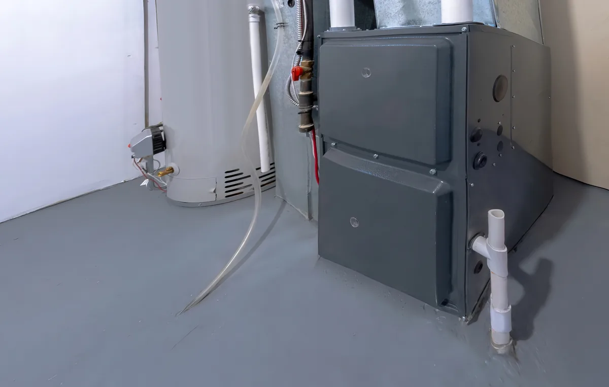 Basement furnace with connected pipes and ductwork