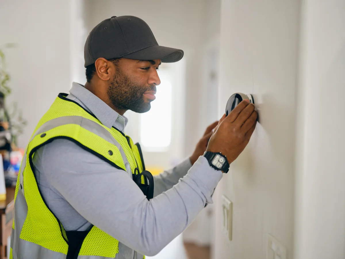 Technician in a high-visibility vest checking wall controls