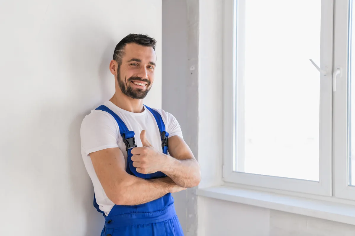 Technician in blue overalls standing with folded arms indoors
