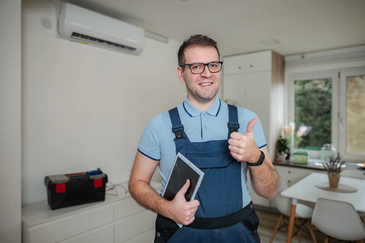 Technician holding a tablet and giving a thumbs-up indoors