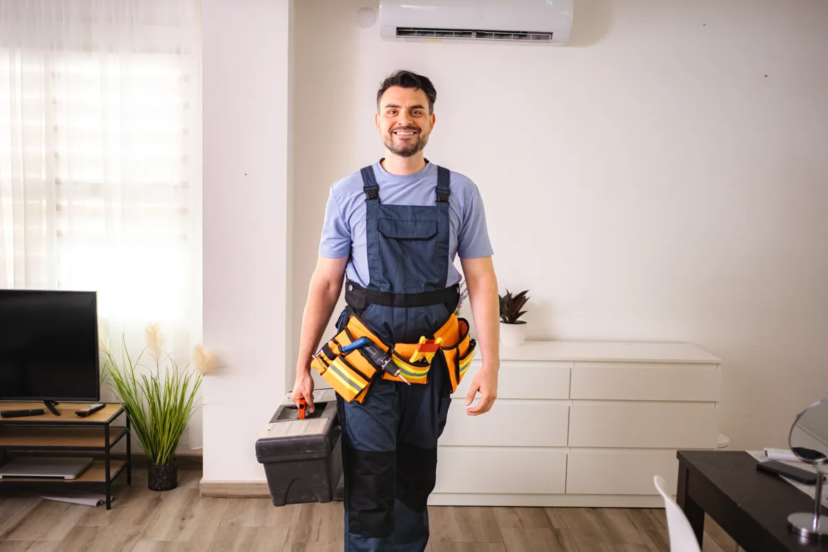 Technician wearing a tool belt and carrying a toolbox inside a home