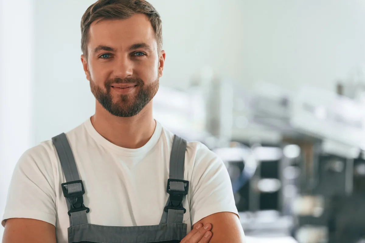 Technician wearing grey overalls in a workshop