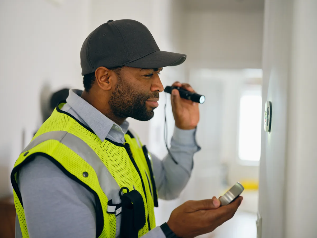 Technician inspecting a thermostat with a flashlight